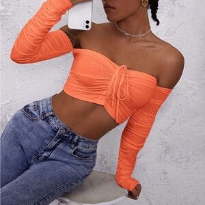 SHEIN Orange Off-Shoulder Ruched Tie-Front Crop Top